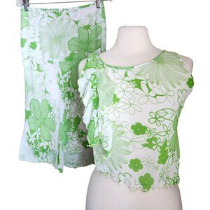 Vintage 70s Y2K Fairy Skirt Set Womens S/M Floral Lime Green Sheer Flowy‎